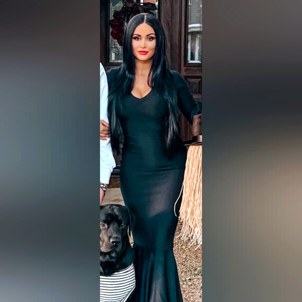 Morticia V-Neck Gown in Black Zen with Long Pixie Sleeves and Puddle Train + Wig - Picture 1 of 6